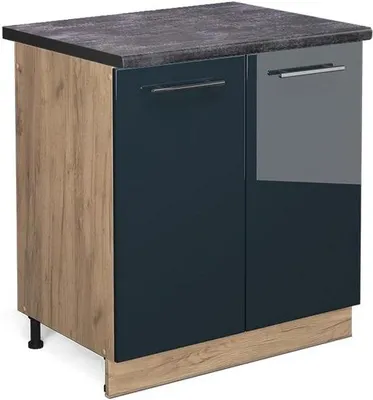 Produktbild von Famanu Waschtischmöbel mit Aufbau, 80 cm, Dunkelblau Hochglanz, Holzstruktur