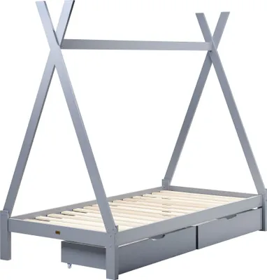 Produktbild von BELIANI Holzbett Grau Kiefernholz Zeltform mit Schubladen Bettkasten Lattenrost 90 x 200 cm Modernes Design Tipi Kinderbett Zeltbett für Kinderzimmer
