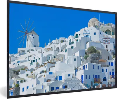 Produktbild von Poster mit Rahmen - Santorini in Griechenland weiß mit blauen Gebäuden Fotorahmen schwarz ohne Passepartout - 30x20 cm - Poster mit zchwarzem Bilderrahmen