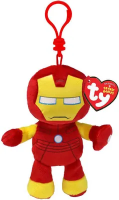 A plush toy Iron Man with a keychain attachment and a Ty Beanie Babies tag.