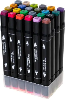 Produktbild von Playos® - Alkoholmarker - 24 Stück - Inklusive Aufbewahrungstasche und Sockel - Etui - Stifte - Twin Marker - Erwachsene und Kinder - Doppelseitige Doppelspitzenmarker - Twinmarker - Alkohol Textmarker - Alkohol Stifte - Kreativ - Zeichnen und Ausmalen