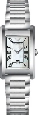 A product shot of a silver Armani watch with a white mother-of-pearl dial.