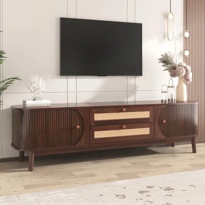 Obrázek produktu pro TV stolek – televizní stolek z dřeva a MDF – s dvířky a zásuvkami – s bočními prvky z ratanu – vhodný pro televizory o velikosti 127–150 cm – barva: přírodní