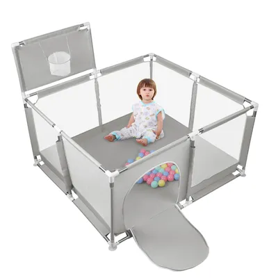 Produktbild von 126x126cm Laufstall Baby Faltbar,Krabbelgitter mit Atmungsaktivem Netz,Basketballkorb,50 Spielbällen Baby Laufgitter,Aktivitätszentrum Baby (66cm H)