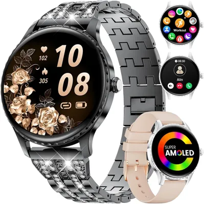 Produktbild von Smartwatch Damen mit Strass/1.32" HD AMOLED Display/270+Zifferblätter,Fitnessuhr mit 110+ Sportmodi,Schlaftracking,Telefonfunktion,Uhr für iOS Android