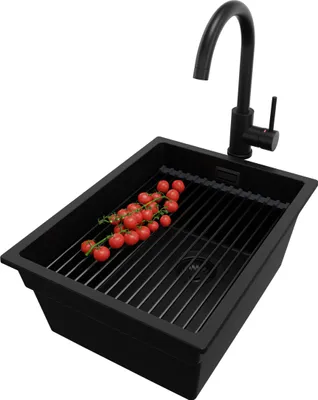 Produktbild von PRIMAGRAN Granitspüle Alles Schwarz 36x47cm, Spülbecken 1 Becken + Ablauf-Set + Küchenzubehörset, Küchenspüle ab 40er Unterschrank - Praga Slim