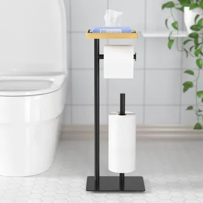 Image de Support de papier toilette autonome en bambou avec compartiment de rangement - place pour 4 rouleaux