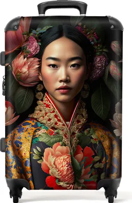 Produktbild von NoBoringSuitcases.com® Großer Koffer - Frau - Asiatisch - Kimono - Blumen - Porträt - Kombinationsschloss TSA - Hartschalen Trolley 4 Rollen - 72 liter - Reisekoffer - 66 cmKoffer Mittelgroß 67x43x25 cm, 72L,
