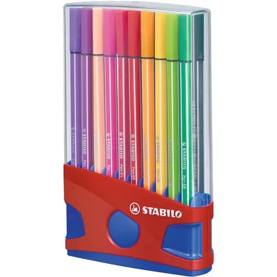 A set of 20 Stabilo Pen 68 felt-tip pens in various colors, displayed in a clear plastic case with a red and blue stand.