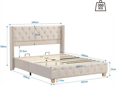 Image de OKWISH Lit Double 160x200 cm - Lit Rembourré avec Tête de Lit Boutonnée et Sommier à Lattes - Lin - Sans Matelas - Beige