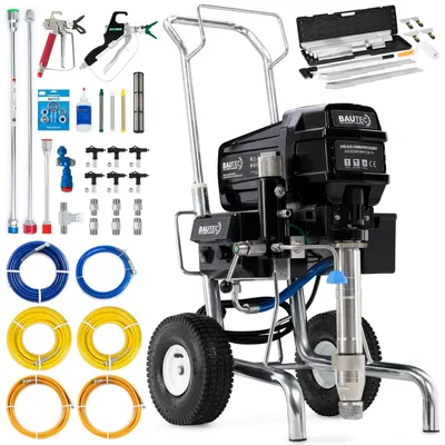 Produktbild von BAUTEC Airless Farbsprühgerät EN-79 mit Kolbenpumpe, bis 8,3 l/min » inkl. XXL Schlauch-Set + 28tlg. Flächenspachtel-Set