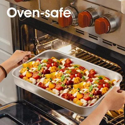 Productafbeelding van Ibenzoa® set van 4 ovenbestendige schalen van roestvrij staal – rechthoekige bakvormen met handgrepen, vaatwasmachinebestendig, afmetingen: 40×30×6 / 35×27×6 / 30×23×5 / 25×19×5 cm