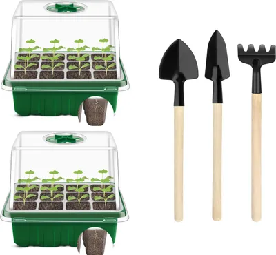 Produktbild von 2 Stück 12 Löchern Zimmergewächshaus Anzucht Set, Anzuchtschale mit Deckel, Kunststoff Anzuchtschalen mit 3 Gartengeräte Klein, dunkelgrün