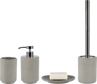 Produktbild von spirella Badezimmer Set, 4-teiliges Badzubehör aus Steinzeug Mero, Seifenspender, WC Bürste, Seifenschale und Zahnputzbecher Taupe