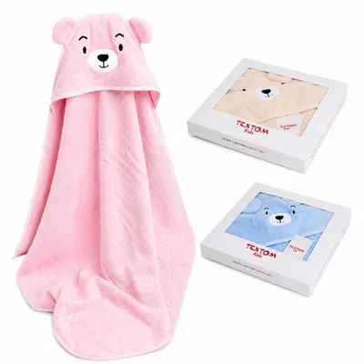 Produktbild von Textom Premium Kids Kapuzenhandtuch 80x80 cm Baby Badetuch Baumwolle Rosa