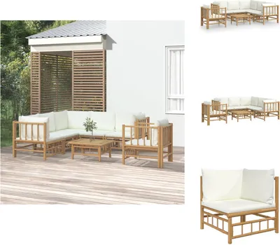 Produktbild von vidaXL 7-tlg. Garten-Lounge-Set mit Cremeweißen Kissen Bambus -  Gartenmöbel-Sets