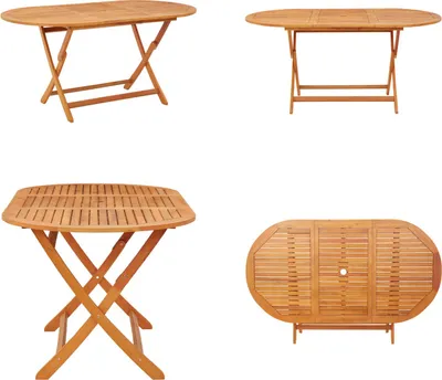 A collage of four images showing different views of a wooden folding garden table.