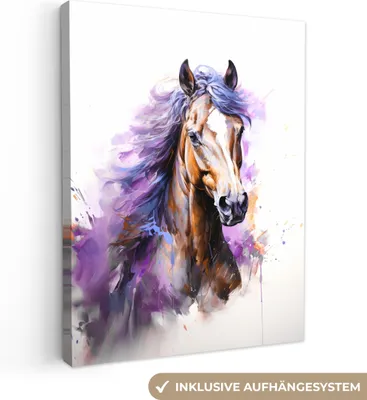 Obrázek produktu pro OneMillionCanvasses® - Obraz na plátně - Kůň - Zvířata - Dívka - Fialová - Hnědá, nástěnná malba, nástěnné dekorace obrazy obývací pokoj, 30x40cm