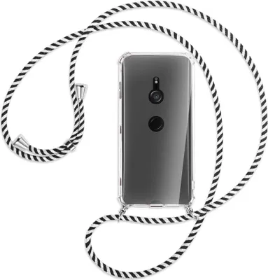 Produktbild von Handykette Backcover-Schutzhülle mit Band (Metall silberfarben) für Sony Xperia XZ3 - schwarz/weiß gestreift