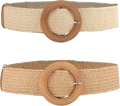 Image de Lot de 2 bracelets élastiques pour femme, bracelets élastiques en bambou avec fermoirs en bois tressé (blanc, beige clair)