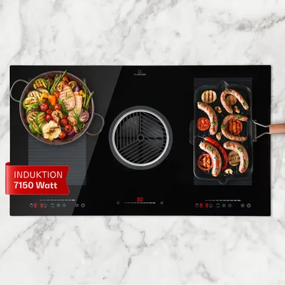 Produktbild von Klarstein 2-in-1 Kochfeld mit Dunstabzug Integriert, Induktionskochfeld mit Dunstabzug für Kochinsel, 4er Kochfeld mit Integriertem Dunstabzug, 654m³/h Luftstrom, Touch-Display, A