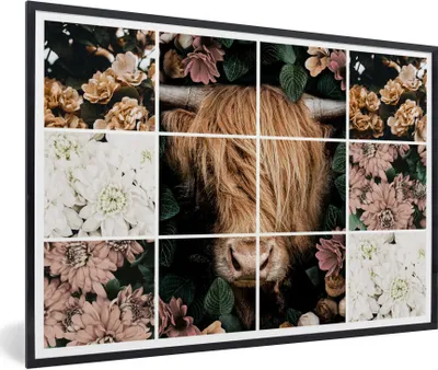 Produktbild von MuchoWow® MuchoWow® Gerahmtes Poster Collage - Schottisches Hochlandrind - Blumen 30x20 cm - Poster mit zchwarzem Bilderrahmen - Kunstdruck - Bild-Poster