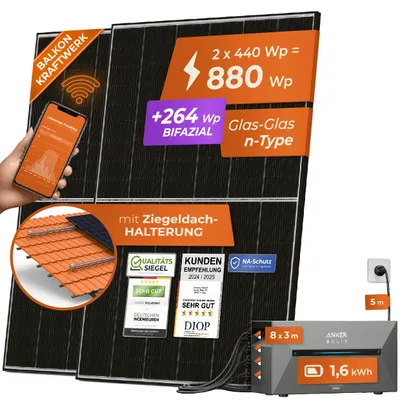 Produktbild von Solarway® 880W Balkonkraftwerk 800W komplett Steckdose Anker SOLIX Solarbank 2 E1600 Pro 1,6 kWh Speicher - 440W bifaziale Solarmodule & Ziegeldach