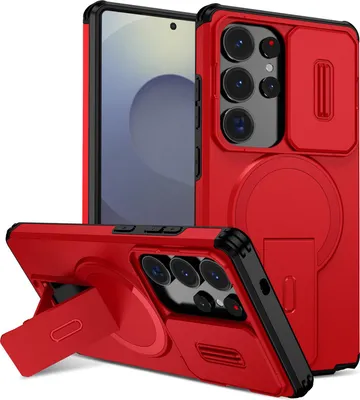 Obrázek produktu pro Magnetické pouzdro pro Samsung Galaxy S25 Ultra, dvouvrstvé odolné pouzdro s posuvnou ochranou fotoaparátu a nastavitelným stojánkem Červená