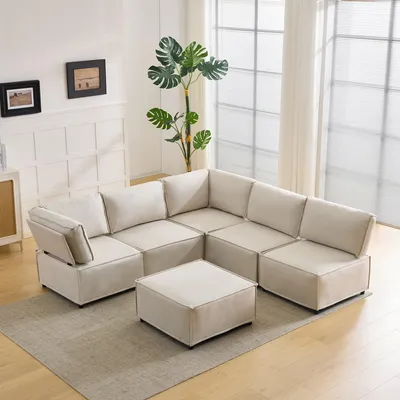 Zdjęcie produktu dla Modułowa sofa narożna, kształt L lub U, obita tkaniną lnianą, kolor beżowy, wymiary 308x152x77 cm