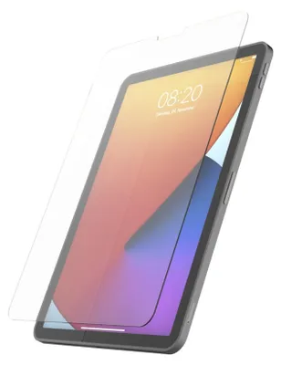 A screen protector is shown placed over an iPad.