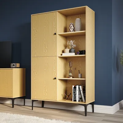 Produktbild von SONNI Originalholzfarbe Vitrine 100x35x160 cm Vitrinenschrank mit 8 Fächern 2 bewegliche Trennwände mit 2 Türen Schrank Wohnzimmerschrank
