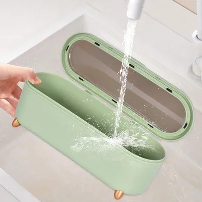 Produktbild von Unyqoos® Besteck-Organizer mit Abtropfgestell & transparent-grauem Deckel, PP-Aufbewahrungsbox für Messer, Gabeln, Löffel – kompakt & vielseitig