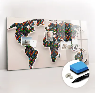 Produktbild von Magnetpinnwand Memoboard - Zubehörsatz - Schwarzer Marker + Schwamm + Magnete - 120 x 60 cm - Abstrakte Weltkarte