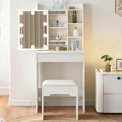 Produktbild von Hollywood-Schminktisch mit LED-Spiegel und Hocker 40x60x135cm | Frisiertisch mit 7 offenen und 1 Schubladen, Verstellbare Helligkeit, Kosmetiktisch aus Holz, Für Schlafzimmer
