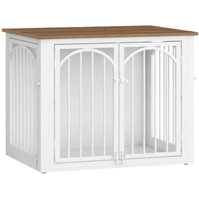 Produktbild von Hundekäfig Möbel, 80 x 60 x 63 cm, Braun und Weiß | Hundebox für Zuhause, 4 Türen, Moderne Hundebox Holz, Beistelltisch, für Kleine und Mittelgroße