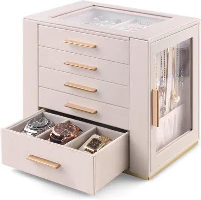 Produktbild von Schmuckkästchen Groß,5 Etagen mit Glasdeckel, Beige