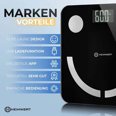 Produktbild von Waage Körperfettwaage Körperanalysewaage Personenwaage mit Bluetooth APP und wiederaufladbarem USB Akku digital HEIMWERT