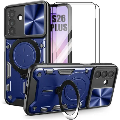 Image de Coque + 2 Verres Trempés pour Samsung Galaxy S26 Plus, Rigide Antichoc avec Anneau - Bleu Marine