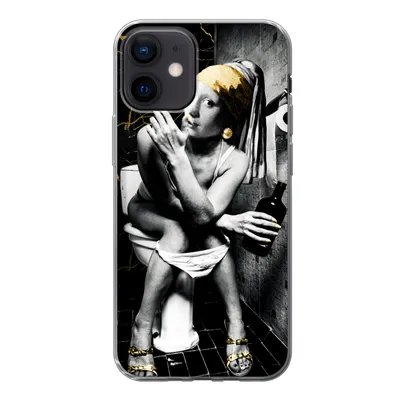 Produktbild von MuchoWow® Handyhülle Schutzhülle Hülle für iPhone 12 Marmoroptik - Mädchen mit Perlenohrring - Zigaretten - Toilette - Gold - Kunst - Alte Meister Silikon Softcase Handy Hülle - Schutzhülle