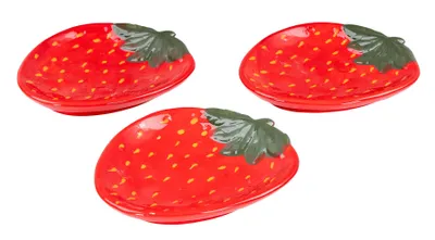 Produktbild von 3er Set Teller Erdbeere Keramik 16cm Erdbeerschale Sommer Obst Dekoschale Snackschale Tischdeko Servierschale Aufbewahrung Ablage