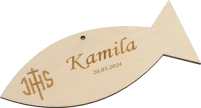 Produktbild von Gedenktafel zur Erstkommunion, graviertes Holzprodukt Fisch