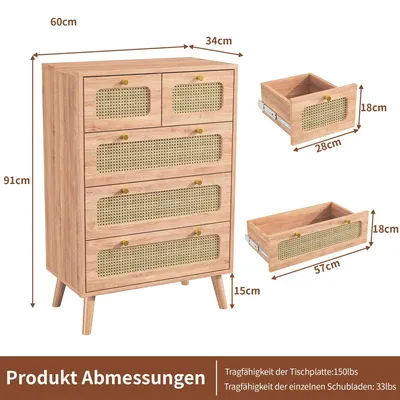 Produktbild von Rattan Kommode - Holz Kommode mit 5 Schubladen - Geflochtene Front - Retro Vintage Stil - Für Wohnzimmer und Schlafzimmer - Holzoptik Natur