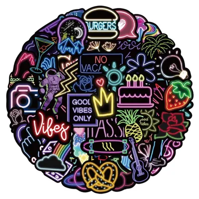 Obrázek produktu pro Sada 50 neonových samolepek, vodotěsných, z vinylu, v neonovém stylu, vhodné na kufry, notebooky, kola, kytary a další