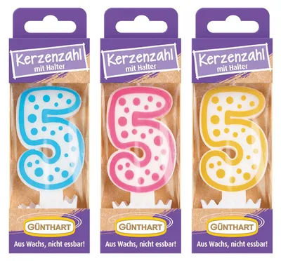 Obrázek produktu pro Vosková svíčka Günthart č. 5 narozeninová svíčka 1 kus různé barvy