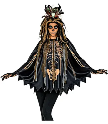 Produktbild von Poncho Voodoo Magierin mit Skelett Print für Halloween Fasching Mottofete Einheitsgröße