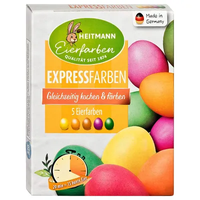 Produktbild von Brauns-Heitmann Express mit fünf Farben, Flüssigkeit, Grün, Orange, Pink, Gelb, Künstliche Lebensmittelfarbstoffe, Eier, 5 ml, Feuchthaltemittel: E 422 Glycerin; Wasser, Farbstoff: E 141 (ii) Kupferkomplexe der...