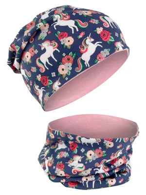 Produktbild von HECKBO Winter 360° Reflektor Kinder Mütze & Loop Schal Set - Einhorn - Jersey Stoff innen - Übergangszeit