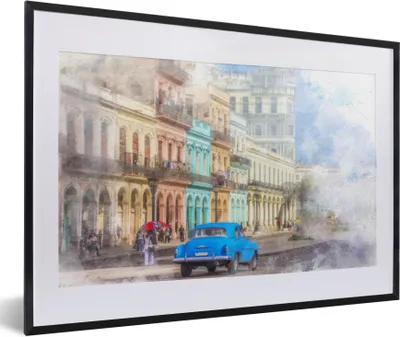 Produktbild von MuchoWow® Gerahmtes Poster Ein blauer kubanischer Oldtimer in der Innenstadt von Havanna 60x40 cm - Poster mit Schwarzem Bilderrahmen Wandposter Rahmen Foto Bilder - Schlafzimmer - Plakat in Rahmen - Drucken