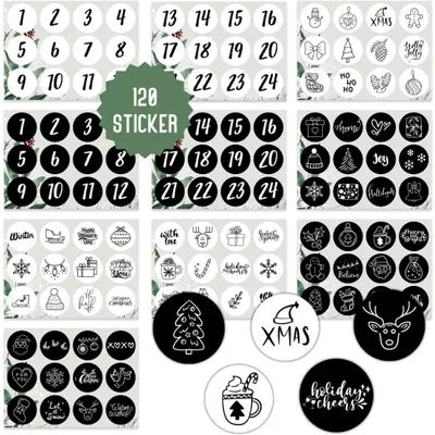 Produktbild von Aufkleber Weihnachten 120 Sticker Adventskalender Vintage Schwarz Weiß