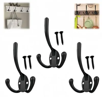 Image de Lot de 3 - Crochets - À visser - Noir - Crochets vintage robustes en métal - Idéaux pour les vestes, les sacs et les serviettes - 105 × 70 mm